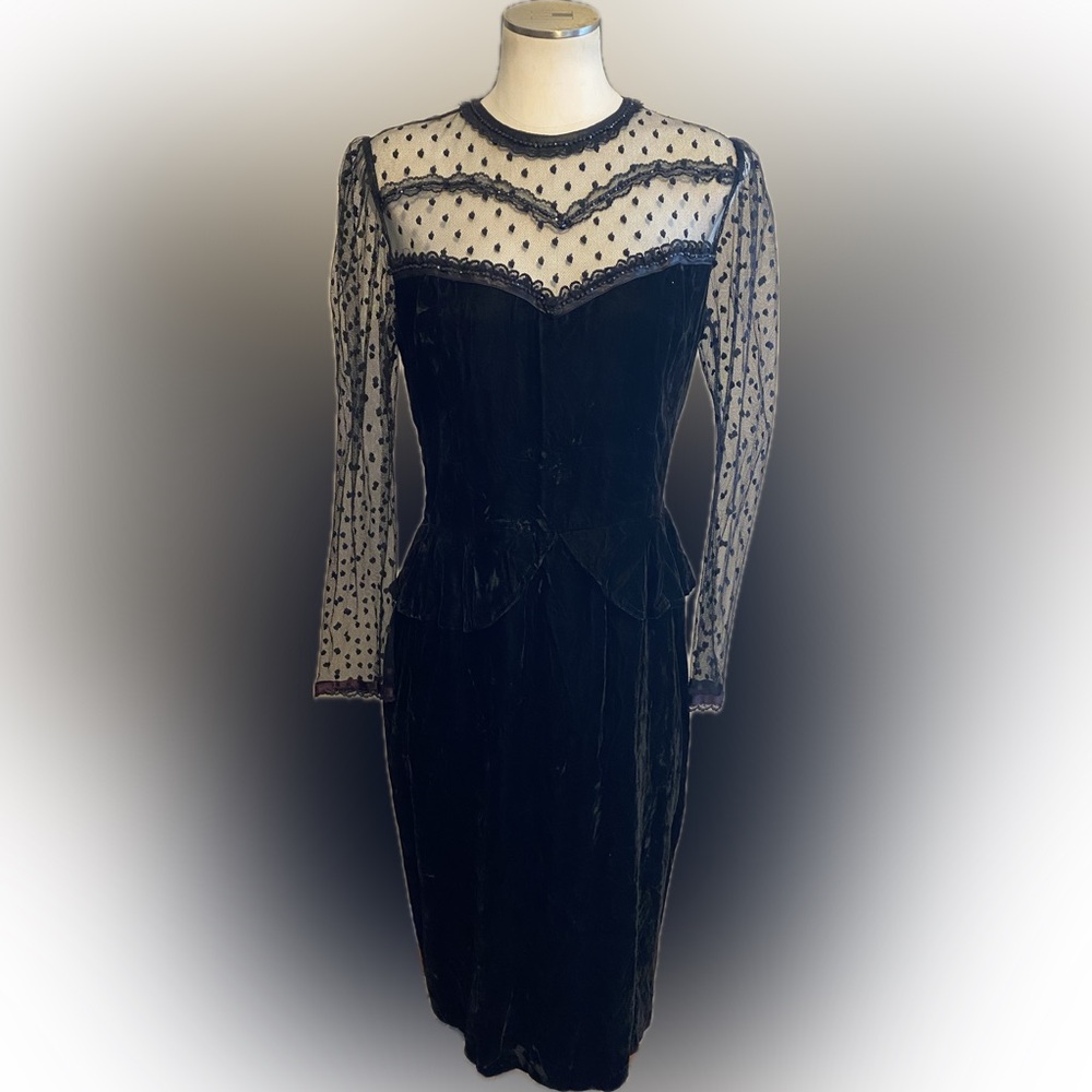 Gunne Sax Vintage 1980s Black Mesh Polka Dot Crushed Velvet Dress Size 13